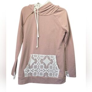Vanilla Bay Blush Lace Trim Cowl Neck Hoodie Asymmetrical Zip Medium Boho Cozy